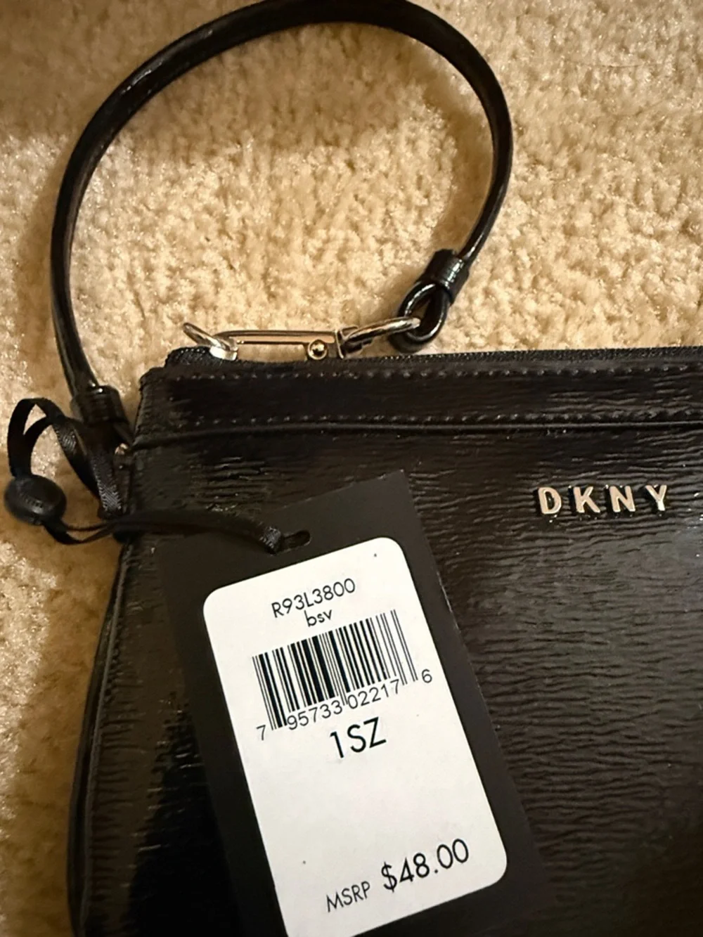 NWT DKNY Black Patent Wristlet with Strap and silver hardware